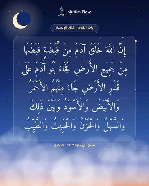 سنن أبي داود ٤٦٩٣ · صحيح: إِنَّ اللَّهَ خَلَقَ آدَمَ مِنْ قَبْضَةٍ قَبَضَهَا مِنْ جَمِيعِ الأَرْضِ فَجَاءَ بَنُو…