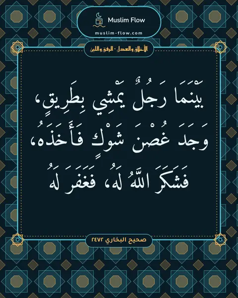 صحيح البخاري ٢٤٧٢: بَيْنَمَا رَجُلٌ يَمْشِي بِطَرِيقٍ، وَجَدَ غُصْنَ شَوْكٍ فَأَخَذَهُ، فَشَكَرَ اللَّهُ…
