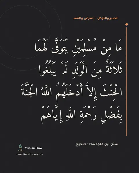سنن ابن ماجه ١٦٠٥ · صحيح: مَا مِنْ مُسْلِمَيْنِ يُتَوَفَّى لَهُمَا ثَلاَثَةٌ مِنَ الْوَلَدِ لَمْ يَبْلُغُوا…