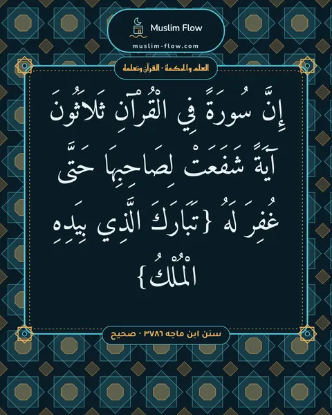 سنن ابن ماجه ٣٧٨٦ · صحيح: إِنَّ سُورَةً فِي الْقُرْآنِ ثَلاَثُونَ آيَةً شَفَعَتْ لِصَاحِبِهَا حَتَّى غُفِرَ لَهُ…