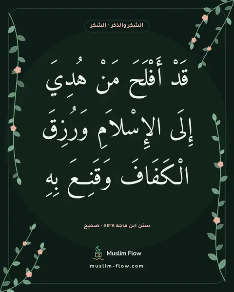 سنن ابن ماجه ٤١٣٨ · صحيح: قَدْ أَفْلَحَ مَنْ هُدِيَ إِلَى الإِسْلاَمِ وَرُزِقَ الْكَفَافَ وَقَنِعَ بِهِ