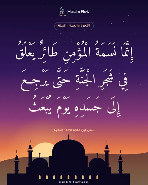 سنن ابن ماجه ٤٢٧١ · صحيح: إِنَّمَا نَسَمَةُ الْمُؤْمِنِ طَائِرٌ يَعْلُقُ فِي شَجَرِ الْجَنَّةِ حَتَّى يَرْجِعَ…