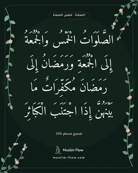 صحيح مسلم 233c: الصَّلَوَاتُ الْخَمْسُ وَالْجُمُعَةُ إِلَى الْجُمُعَةِ وَرَمَضَانُ إِلَى رَمَضَانَ…