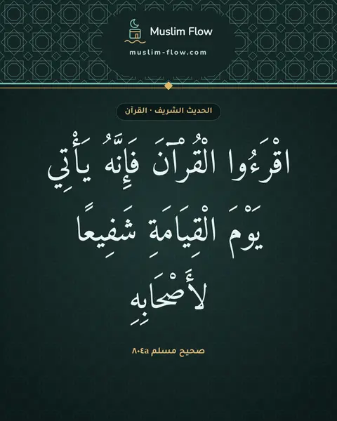 صحيح مسلم ٨٠٤a: اقْرَءُوا الْقُرْآنَ فَإِنَّهُ يَأْتِي يَوْمَ الْقِيَامَةِ شَفِيعًا لأَصْحَابِهِ
