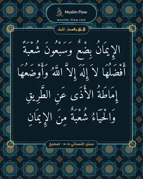 سنن النسائي ٥٠٠٥ · صحيح: الإِيمَانُ بِضْعٌ وَسَبْعُونَ شُعْبَةً أَفْضَلُهَا لاَ إِلَهَ إِلاَّ اللَّهُ…