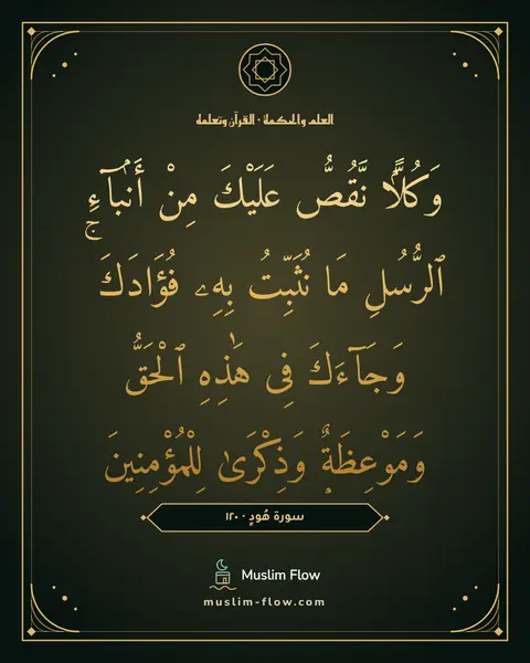 سورة هُودٍ · ١٢٠: وَكُلًّۭا نَّقُصُّ عَلَيْكَ مِنْ أَنۢبَآءِ ٱلرُّسُلِ مَا نُثَبِّتُ بِهِۦ فُؤَادَكَ ۚ…