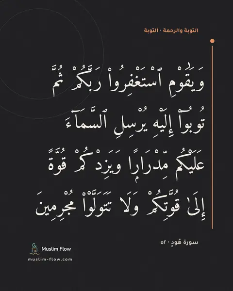 سورة هُودٍ · ٥٢: وَيَٰقَوْمِ ٱسْتَغْفِرُوا۟ رَبَّكُمْ ثُمَّ تُوبُوٓا۟ إِلَيْهِ يُرْسِلِ ٱلسَّمَآءَ…