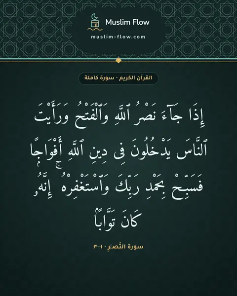 سورة النَّصۡرِ · ١–٣: إِذَا جَآءَ نَصْرُ ٱللَّهِ وَٱلْفَتْحُ وَرَأَيْتَ ٱلنَّاسَ يَدْخُلُونَ فِى دِينِ ٱللَّهِ…