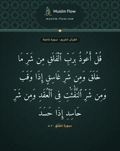 سورة الفَلَقِ · ١–٥: قُلْ أَعُوذُ بِرَبِّ ٱلْفَلَقِ مِن شَرِّ مَا خَلَقَ وَمِن شَرِّ غَاسِقٍ إِذَا وَقَبَ…