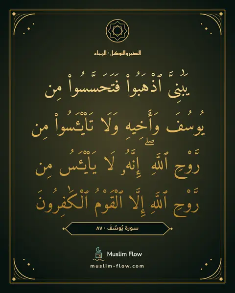 سورة يُوسُفَ · ٨٧: يَٰبَنِىَّ ٱذْهَبُوا۟ فَتَحَسَّسُوا۟ مِن يُوسُفَ وَأَخِيهِ وَلَا تَا۟يْـَٔسُوا۟ مِن…