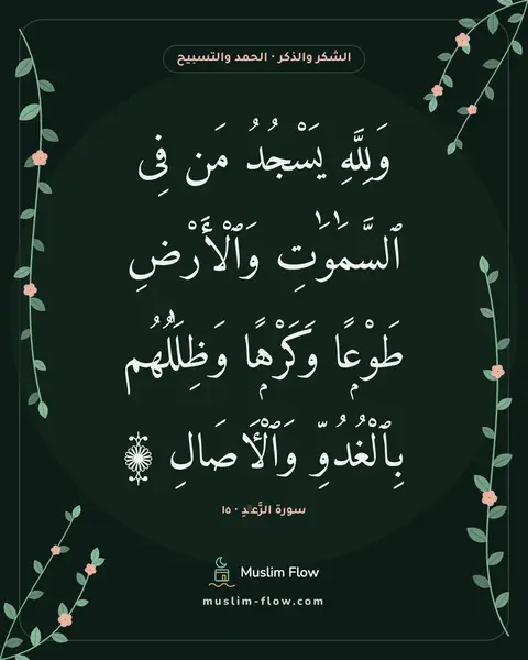 سورة الرَّعۡدِ · ١٥: وَلِلَّهِ يَسْجُدُ مَن فِى ٱلسَّمَٰوَٰتِ وَٱلْأَرْضِ طَوْعًۭا وَكَرْهًۭا وَظِلَٰلُهُم…