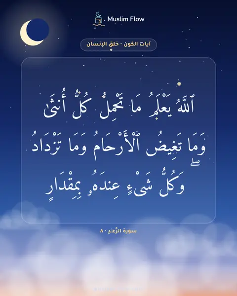سورة الرَّعۡدِ · ٨: ٱللَّهُ يَعْلَمُ مَا تَحْمِلُ كُلُّ أُنثَىٰ وَمَا تَغِيضُ ٱلْأَرْحَامُ وَمَا تَزْدَادُ ۖ…
