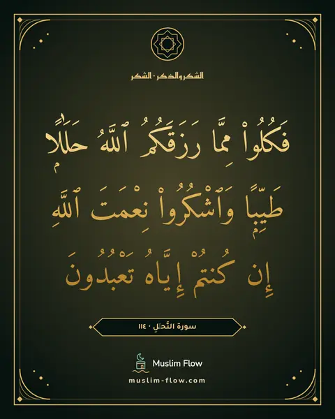 سورة النَّحۡلِ · ١١٤: فَكُلُوا۟ مِمَّا رَزَقَكُمُ ٱللَّهُ حَلَٰلًۭا طَيِّبًۭا وَٱشْكُرُوا۟ نِعْمَتَ ٱللَّهِ إِن…