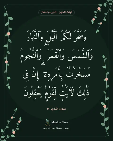 سورة النَّحۡلِ · ١٢: وَسَخَّرَ لَكُمُ ٱلَّيْلَ وَٱلنَّهَارَ وَٱلشَّمْسَ وَٱلْقَمَرَ ۖ وَٱلنُّجُومُ…