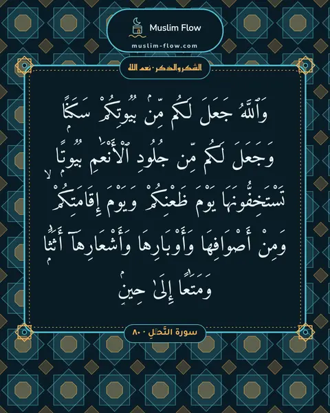 سورة النَّحۡلِ · ٨٠: وَٱللَّهُ جَعَلَ لَكُم مِّنۢ بُيُوتِكُمْ سَكَنًۭا وَجَعَلَ لَكُم مِّن جُلُودِ…