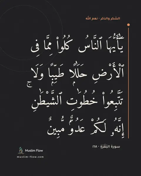 سورة البَقَرَةِ · ١٦٨: يَٰٓأَيُّهَا ٱلنَّاسُ كُلُوا۟ مِمَّا فِى ٱلْأَرْضِ حَلَٰلًۭا طَيِّبًۭا وَلَا تَتَّبِعُوا۟…