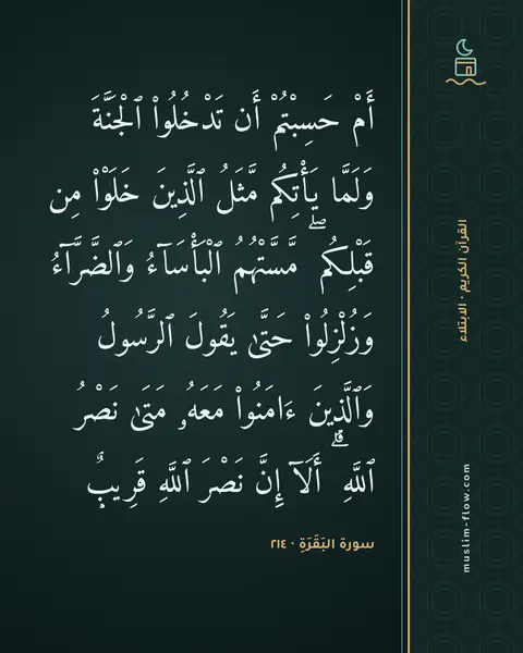 سورة البَقَرَةِ · ٢١٤: أَمْ حَسِبْتُمْ أَن تَدْخُلُوا۟ ٱلْجَنَّةَ وَلَمَّا يَأْتِكُم مَّثَلُ ٱلَّذِينَ خَلَوْا۟…