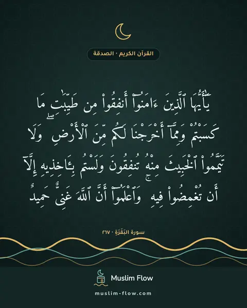 سورة البَقَرَةِ · ٢٦٧: يَٰٓأَيُّهَا ٱلَّذِينَ ءَامَنُوٓا۟ أَنفِقُوا۟ مِن طَيِّبَٰتِ مَا كَسَبْتُمْ وَمِمَّآ…
