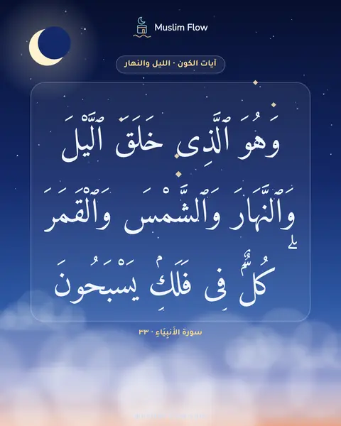 سورة الأَنبِيَاءِ · ٣٣: وَهُوَ ٱلَّذِى خَلَقَ ٱلَّيْلَ وَٱلنَّهَارَ وَٱلشَّمْسَ وَٱلْقَمَرَ ۖ كُلٌّۭ فِى فَلَكٍۢ…
