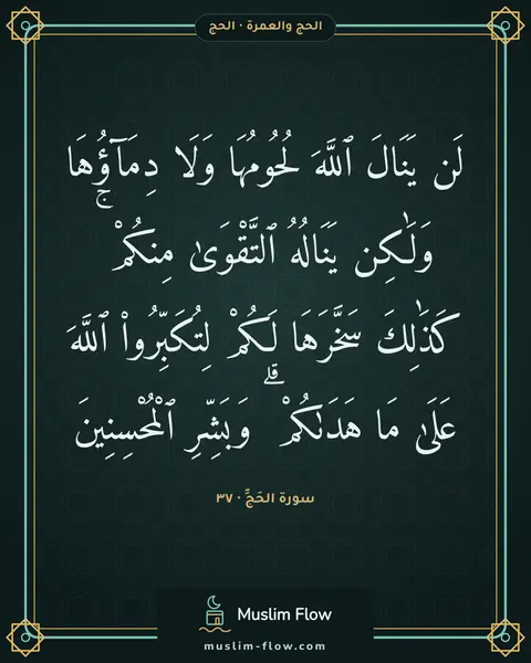 سورة الحَجِّ · ٣٧: لَن يَنَالَ ٱللَّهَ لُحُومُهَا وَلَا دِمَآؤُهَا وَلَٰكِن يَنَالُهُ ٱلتَّقْوَىٰ مِنكُمْ ۚ…