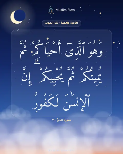سورة الحَجِّ · ٦٦: وَهُوَ ٱلَّذِىٓ أَحْيَاكُمْ ثُمَّ يُمِيتُكُمْ ثُمَّ يُحْيِيكُمْ ۗ إِنَّ ٱلْإِنسَٰنَ…