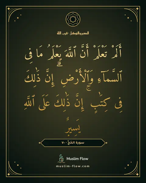 سورة الحَجِّ · ٧٠: أَلَمْ تَعْلَمْ أَنَّ ٱللَّهَ يَعْلَمُ مَا فِى ٱلسَّمَآءِ وَٱلْأَرْضِ ۗ إِنَّ ذَٰلِكَ…
