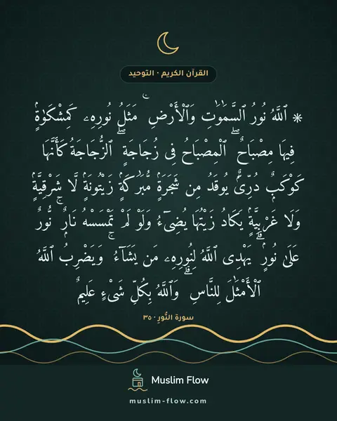 سورة النُّورِ · ٣٥: ۞ ٱللَّهُ نُورُ ٱلسَّمَٰوَٰتِ وَٱلْأَرْضِ ۚ مَثَلُ نُورِهِۦ كَمِشْكَوٰةٍۢ فِيهَا…