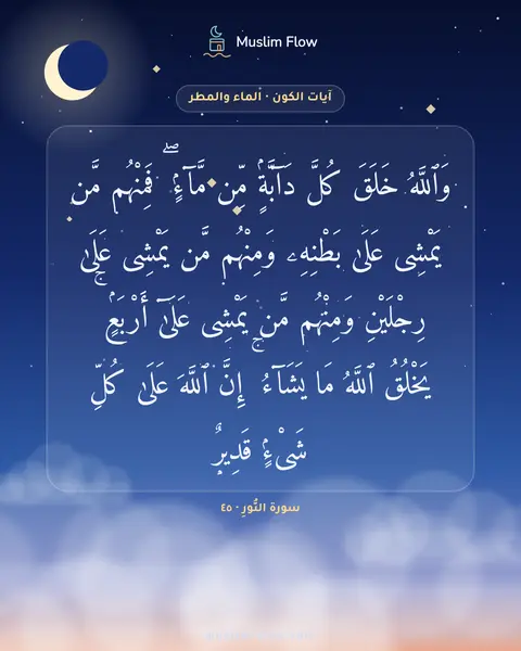سورة النُّورِ · ٤٥: وَٱللَّهُ خَلَقَ كُلَّ دَآبَّةٍۢ مِّن مَّآءٍۢ ۖ فَمِنْهُم مَّن يَمْشِى عَلَىٰ بَطْنِهِۦ…