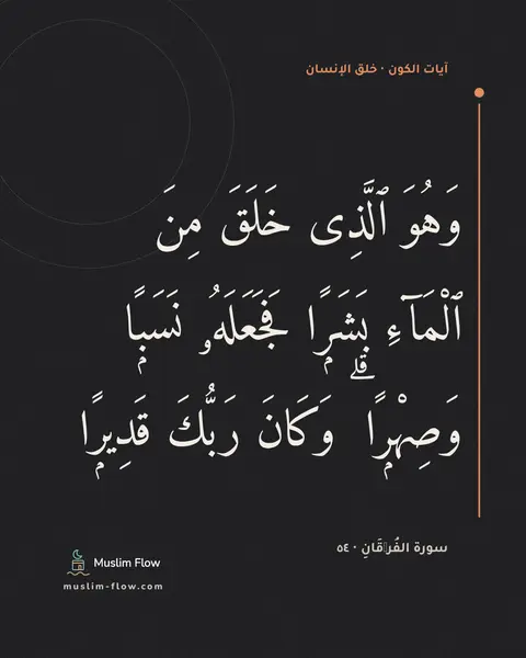 سورة الفُرۡقَانِ · ٥٤: وَهُوَ ٱلَّذِى خَلَقَ مِنَ ٱلْمَآءِ بَشَرًۭا فَجَعَلَهُۥ نَسَبًۭا وَصِهْرًۭا ۗ وَكَانَ…
