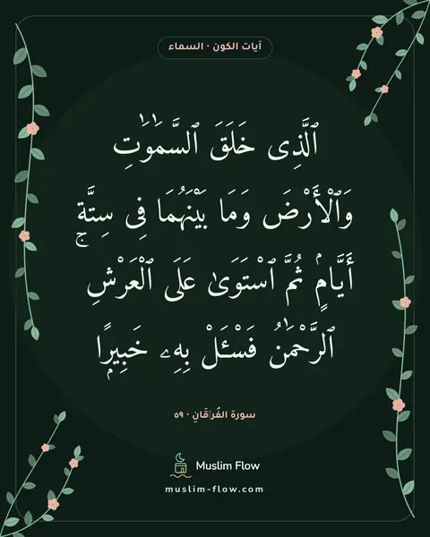 سورة الفُرۡقَانِ · ٥٩: ٱلَّذِى خَلَقَ ٱلسَّمَٰوَٰتِ وَٱلْأَرْضَ وَمَا بَيْنَهُمَا فِى سِتَّةِ أَيَّامٍۢ ثُمَّ…