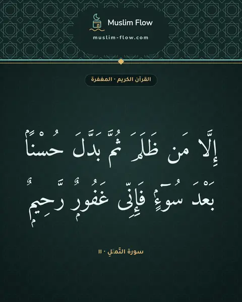 سورة النَّمۡلِ · ١١: إِلَّا مَن ظَلَمَ ثُمَّ بَدَّلَ حُسْنًۢا بَعْدَ سُوٓءٍۢ فَإِنِّى غَفُورٌۭ رَّحِيمٌۭ