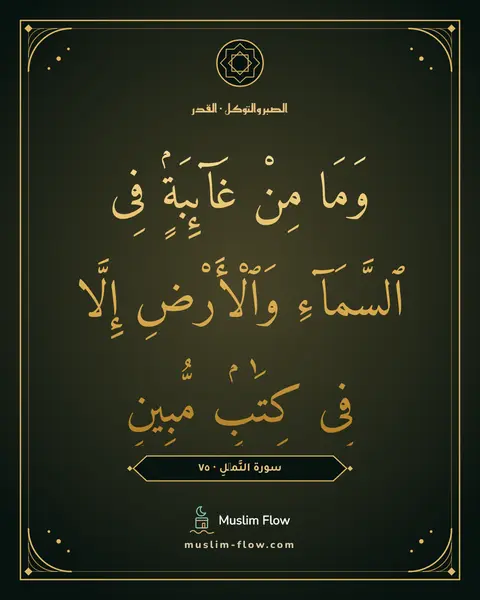 سورة النَّمۡلِ · ٧٥: وَمَا مِنْ غَآئِبَةٍۢ فِى ٱلسَّمَآءِ وَٱلْأَرْضِ إِلَّا فِى كِتَٰبٍۢ مُّبِينٍ