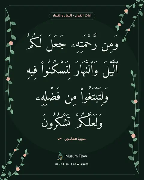 سورة القَصَصِ · ٧٣: وَمِن رَّحْمَتِهِۦ جَعَلَ لَكُمُ ٱلَّيْلَ وَٱلنَّهَارَ لِتَسْكُنُوا۟ فِيهِ…