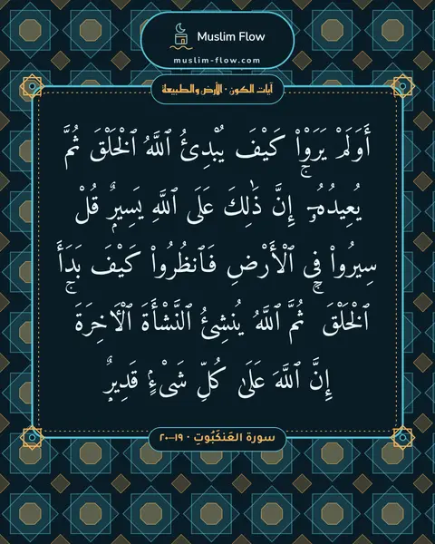 سورة العَنكَبُوتِ · ١٩–٢٠: أَوَلَمْ يَرَوْا۟ كَيْفَ يُبْدِئُ ٱللَّهُ ٱلْخَلْقَ ثُمَّ يُعِيدُهُۥٓ ۚ إِنَّ ذَٰلِكَ…
