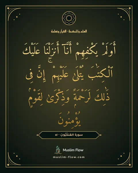 سورة العَنكَبُوتِ · ٥١: أَوَلَمْ يَكْفِهِمْ أَنَّآ أَنزَلْنَا عَلَيْكَ ٱلْكِتَٰبَ يُتْلَىٰ عَلَيْهِمْ ۚ إِنَّ…