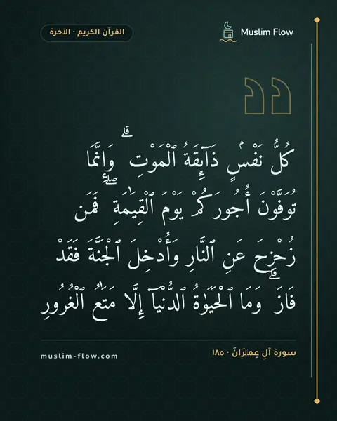 سورة آلِ عِمۡرَانَ · ١٨٥: كُلُّ نَفْسٍۢ ذَآئِقَةُ ٱلْمَوْتِ ۗ وَإِنَّمَا تُوَفَّوْنَ أُجُورَكُمْ يَوْمَ…