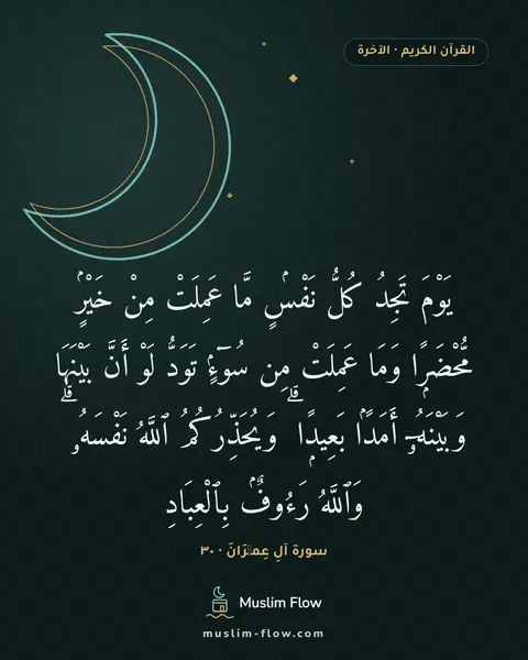 سورة آلِ عِمۡرَانَ · ٣٠: يَوْمَ تَجِدُ كُلُّ نَفْسٍۢ مَّا عَمِلَتْ مِنْ خَيْرٍۢ مُّحْضَرًۭا وَمَا عَمِلَتْ مِن…
