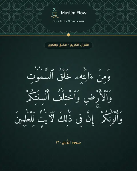 سورة الرُّومِ · ٢٢: وَمِنْ ءَايَٰتِهِۦ خَلْقُ ٱلسَّمَٰوَٰتِ وَٱلْأَرْضِ وَٱخْتِلَٰفُ أَلْسِنَتِكُمْ…