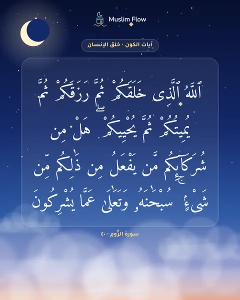 سورة الرُّومِ · ٤٠: ٱللَّهُ ٱلَّذِى خَلَقَكُمْ ثُمَّ رَزَقَكُمْ ثُمَّ يُمِيتُكُمْ ثُمَّ يُحْيِيكُمْ ۖ هَلْ…