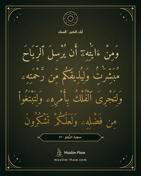 سورة الرُّومِ · ٤٦: وَمِنْ ءَايَٰتِهِۦٓ أَن يُرْسِلَ ٱلرِّيَاحَ مُبَشِّرَٰتٍۢ وَلِيُذِيقَكُم مِّن…