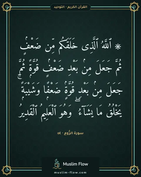 سورة الرُّومِ · ٥٤: ۞ ٱللَّهُ ٱلَّذِى خَلَقَكُم مِّن ضَعْفٍۢ ثُمَّ جَعَلَ مِنۢ بَعْدِ ضَعْفٍۢ قُوَّةًۭ ثُمَّ…