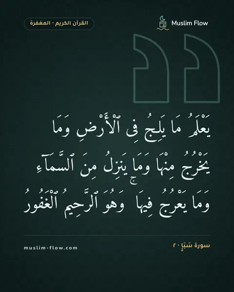 سورة سَبَإٍ · ٢: يَعْلَمُ مَا يَلِجُ فِى ٱلْأَرْضِ وَمَا يَخْرُجُ مِنْهَا وَمَا يَنزِلُ مِنَ ٱلسَّمَآءِ…