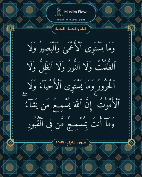 سورة فَاطِرٍ · ١٩–٢٢: وَمَا يَسْتَوِى ٱلْأَعْمَىٰ وَٱلْبَصِيرُ وَلَا ٱلظُّلُمَٰتُ وَلَا ٱلنُّورُ وَلَا ٱلظِّلُّ…