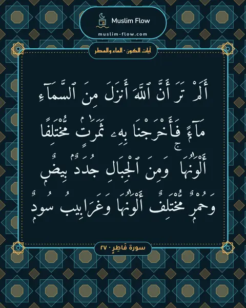 سورة فَاطِرٍ · ٢٧: أَلَمْ تَرَ أَنَّ ٱللَّهَ أَنزَلَ مِنَ ٱلسَّمَآءِ مَآءًۭ فَأَخْرَجْنَا بِهِۦ ثَمَرَٰتٍۢ…
