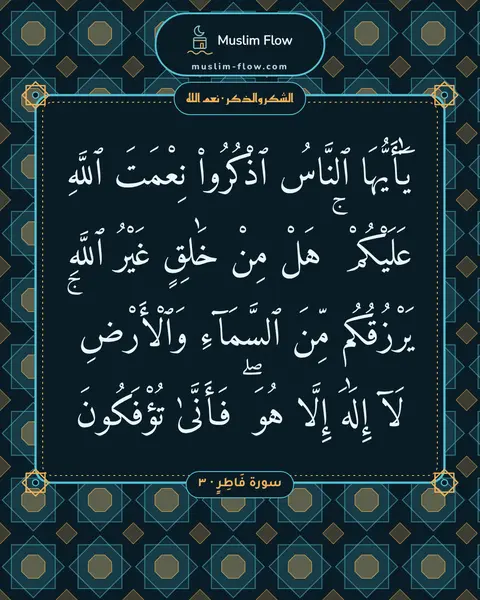 سورة فَاطِرٍ · ٣: يَٰٓأَيُّهَا ٱلنَّاسُ ٱذْكُرُوا۟ نِعْمَتَ ٱللَّهِ عَلَيْكُمْ ۚ هَلْ مِنْ خَٰلِقٍ غَيْرُ…