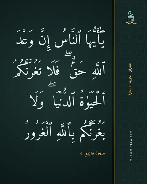 سورة فَاطِرٍ · ٥: يَٰٓأَيُّهَا ٱلنَّاسُ إِنَّ وَعْدَ ٱللَّهِ حَقٌّۭ ۖ فَلَا تَغُرَّنَّكُمُ ٱلْحَيَوٰةُ…