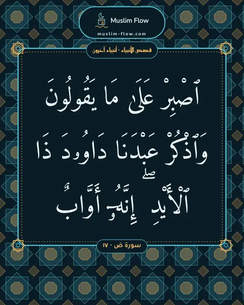 سورة صٓ · ١٧: ٱصْبِرْ عَلَىٰ مَا يَقُولُونَ وَٱذْكُرْ عَبْدَنَا دَاوُۥدَ ذَا ٱلْأَيْدِ ۖ إِنَّهُۥٓ…