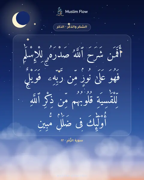 سورة الزُّمَرِ · ٢٢: أَفَمَن شَرَحَ ٱللَّهُ صَدْرَهُۥ لِلْإِسْلَٰمِ فَهُوَ عَلَىٰ نُورٍۢ مِّن رَّبِّهِۦ ۚ…