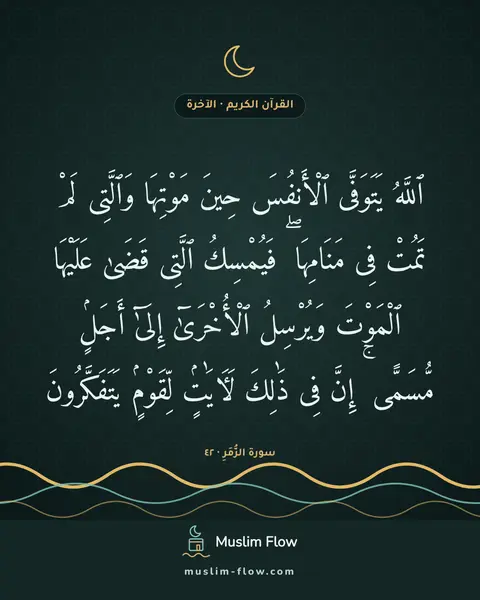 سورة الزُّمَرِ · ٤٢: ٱللَّهُ يَتَوَفَّى ٱلْأَنفُسَ حِينَ مَوْتِهَا وَٱلَّتِى لَمْ تَمُتْ فِى مَنَامِهَا ۖ…