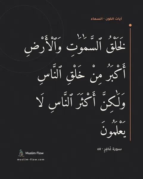 سورة غَافِرٍ · ٥٧: لَخَلْقُ ٱلسَّمَٰوَٰتِ وَٱلْأَرْضِ أَكْبَرُ مِنْ خَلْقِ ٱلنَّاسِ وَلَٰكِنَّ أَكْثَرَ…